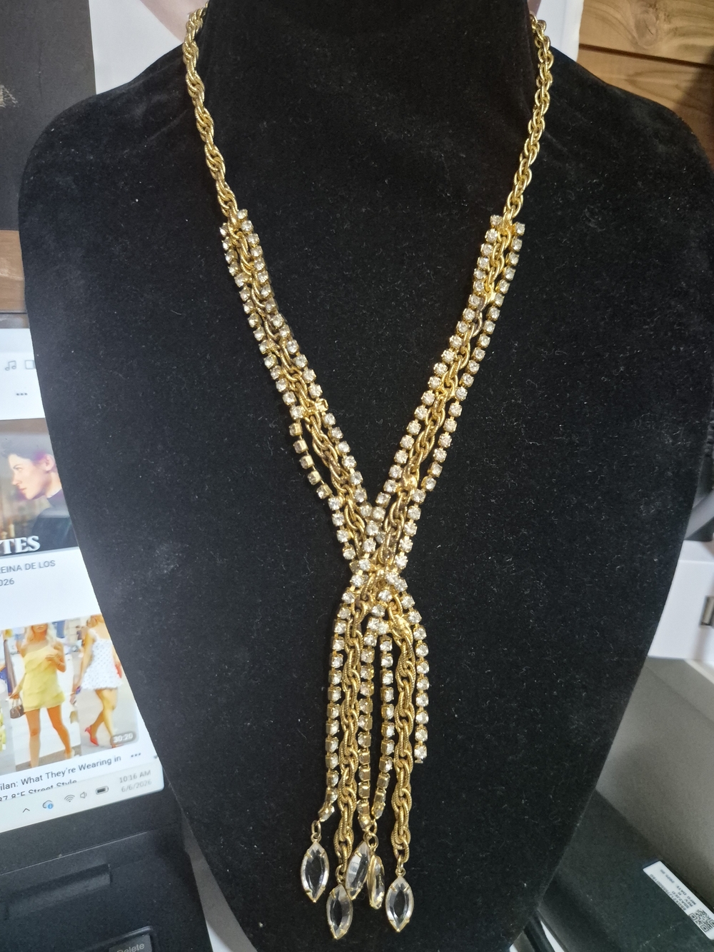 Vintage Gold and Clear Crystal Tassel Necklace